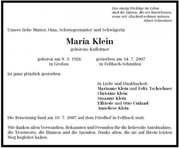 Kufleitner Maria 1926-2007 Todesanzeige